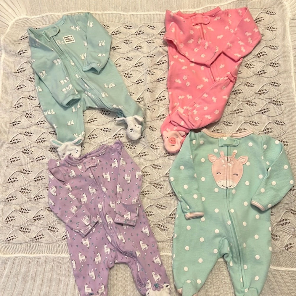 Just For You, 4 footies all sleeves have closed or open option, darling fabrics